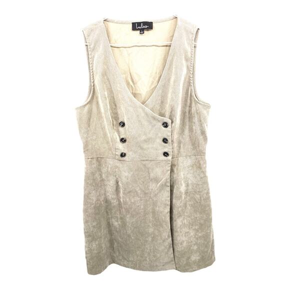 Lulus Benton Light Grey Corduroy Button-Up Sleeveless Mini Dress Deep V Sz Large - Picture 4 of 12